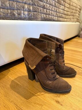 Louis Vuitton Brown Suede Lace-Up Fold-Over Heeled Ankle Boots